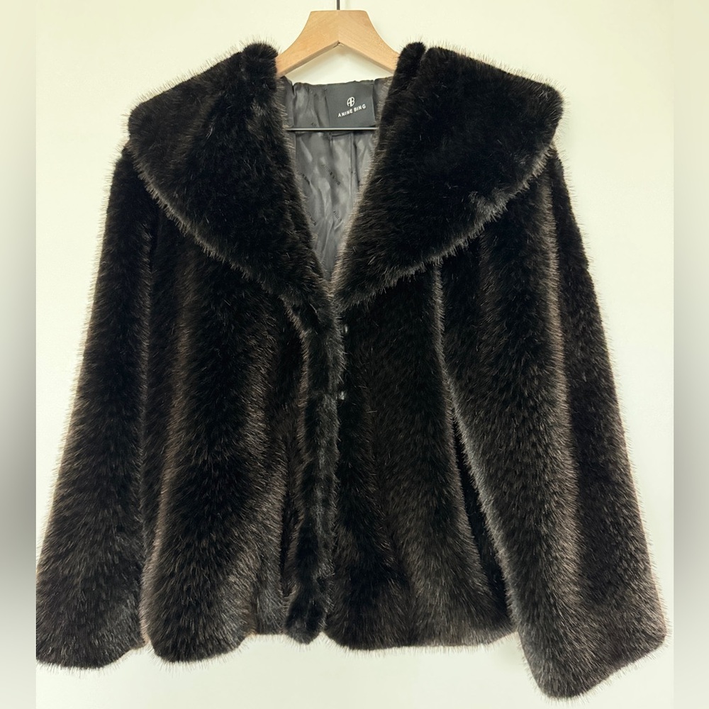 Anine Bing Faux Fur Hilary Jacket Coat in Black and Brown 0101 - Picture 3 of 16
